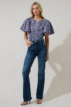 Blue and Brown Floral Flutter Sleeve Top