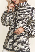 Stripe Pattern Wave Trimmed Balloon Sleeve Top