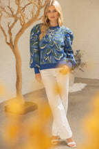 Pleated Long Puff Sleeve Floral Print Sweater Top