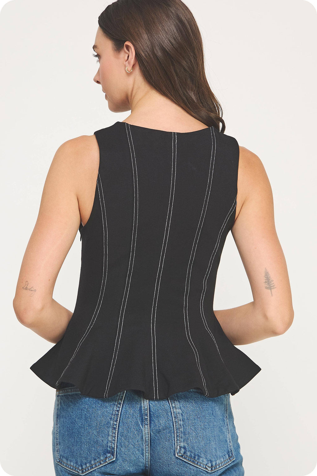 Top-Stitch Peplum Sleeveless Ponte Top