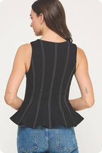 Top-Stitch Peplum Sleeveless Ponte Top