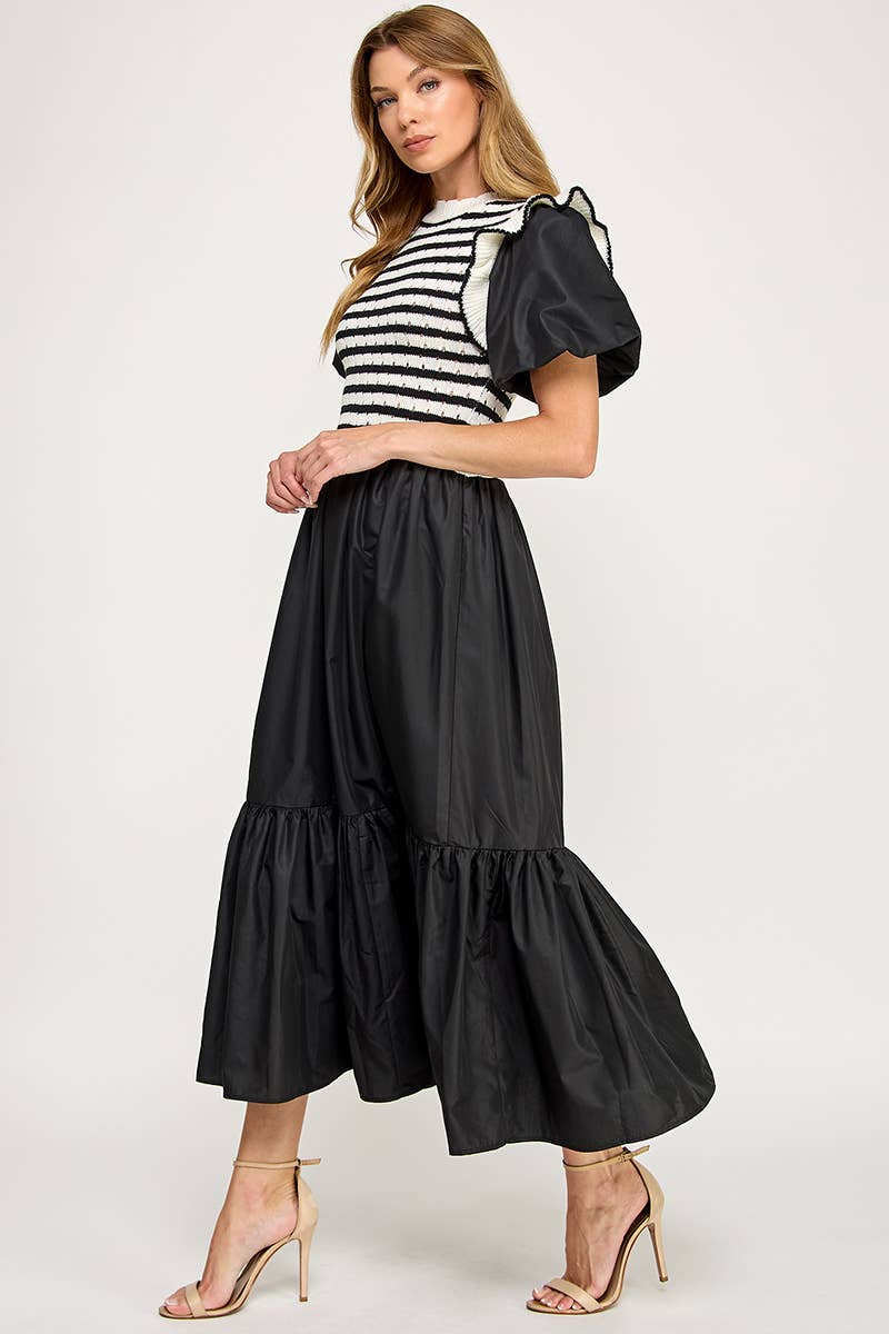 Black & White Stripe Bodice Tiered Midi Dress