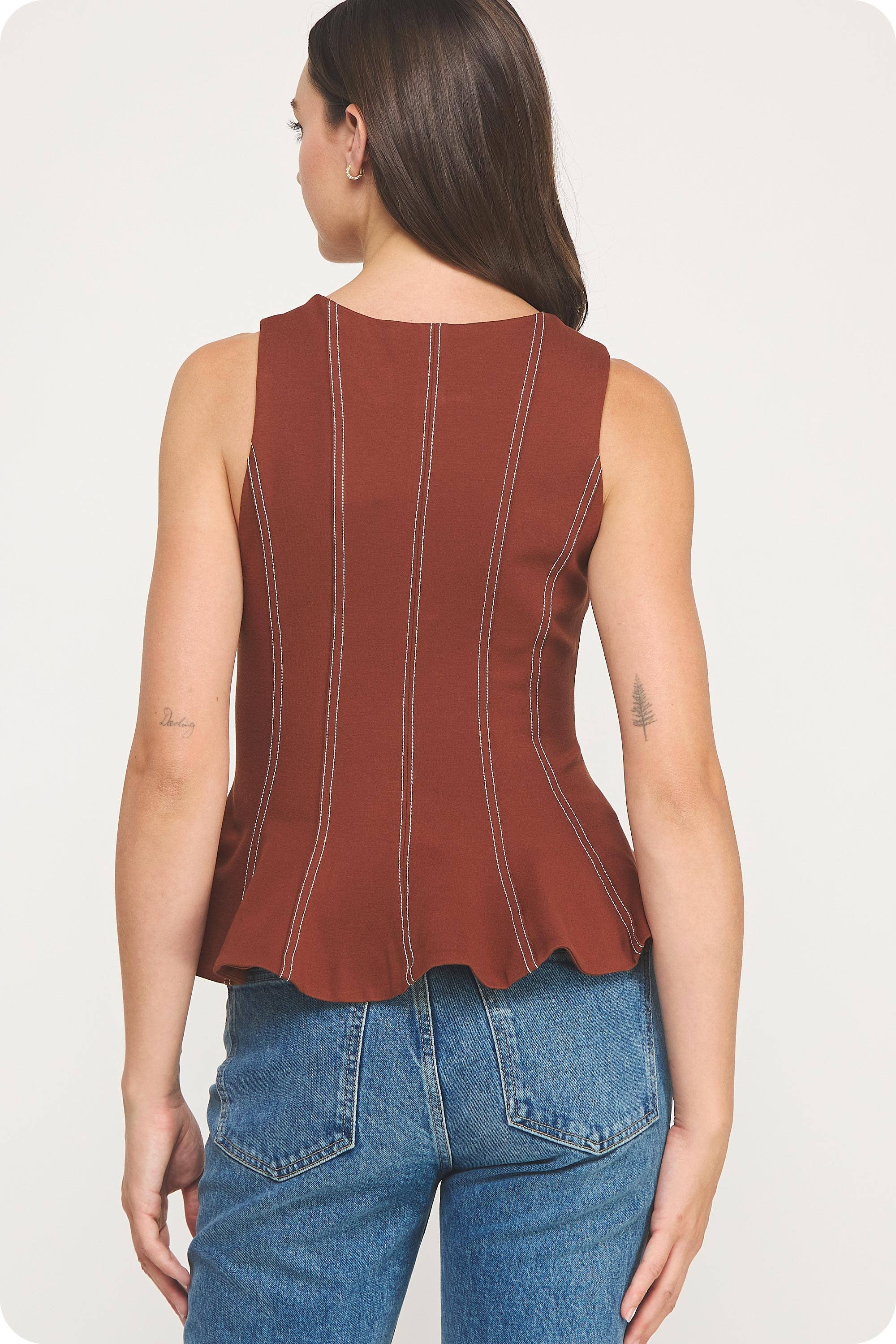 Top-Stitch Peplum Sleeveless Ponte Top