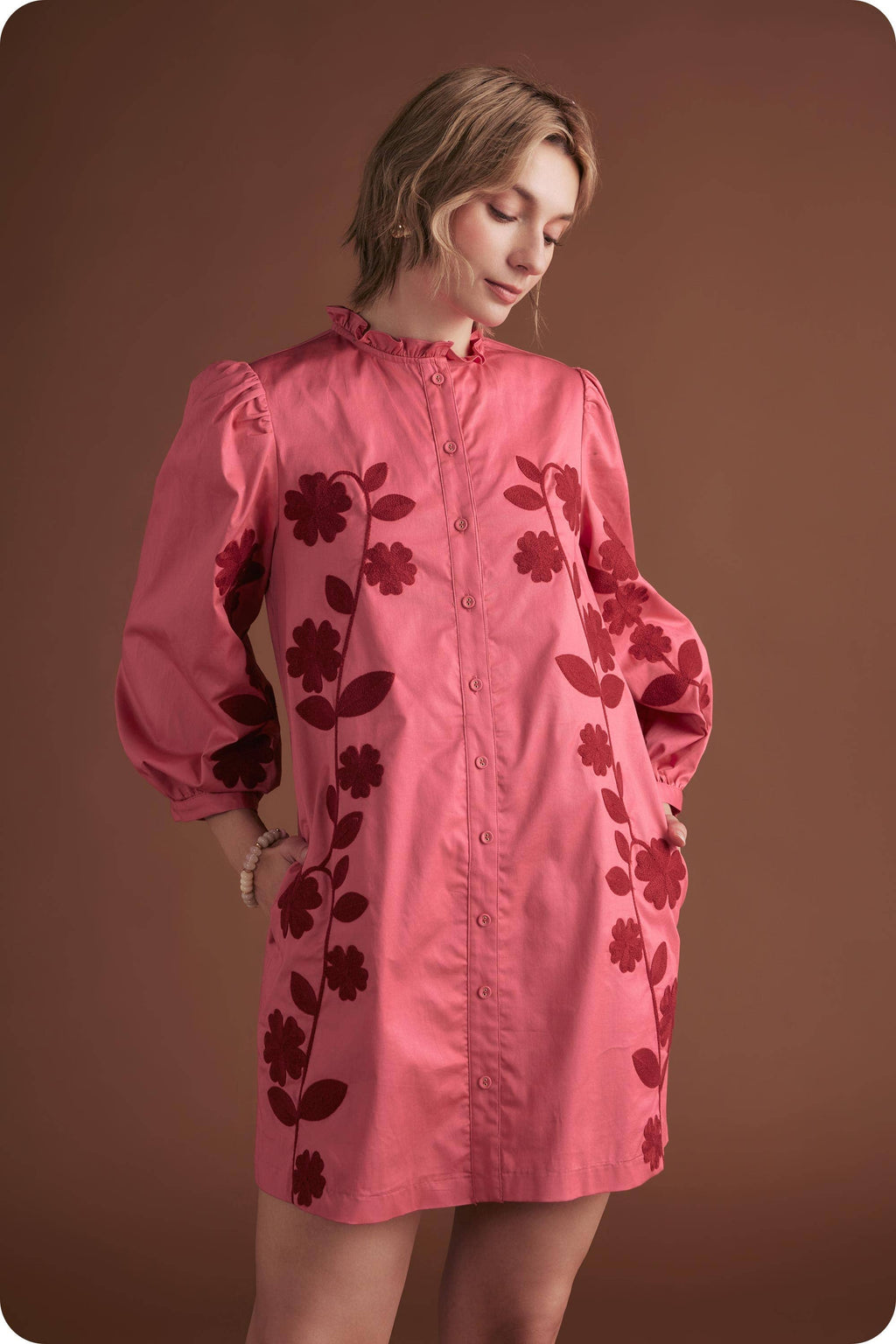 3/4 Sleeve Flower Embroidery Ruffle Neck Mini Dress