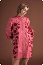 3/4 Sleeve Flower Embroidery Ruffle Neck Mini Dress