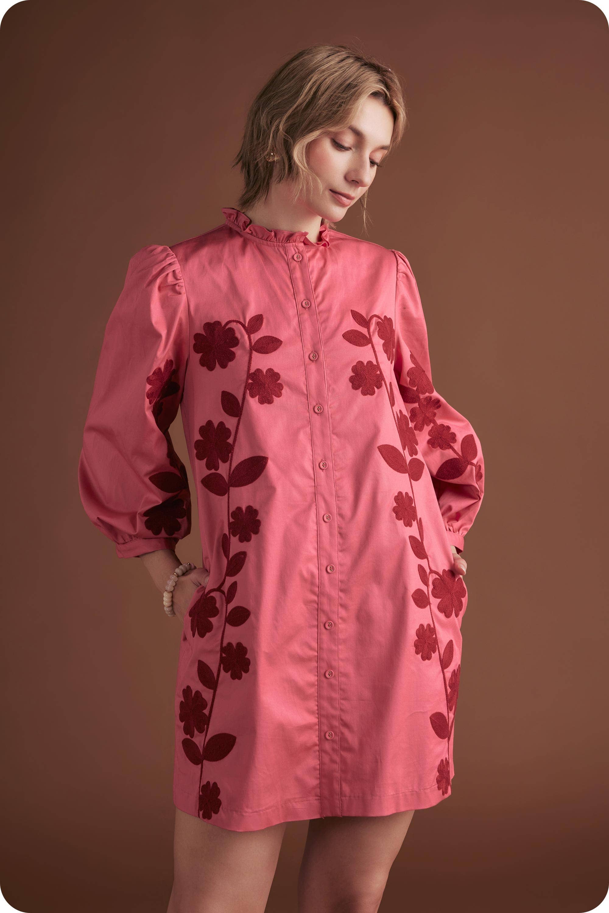 3/4 Sleeve Flower Embroidery Ruffle Neck Mini Dress