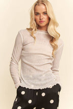 METALLIC RIBBED MOCK NECK MESH TOP