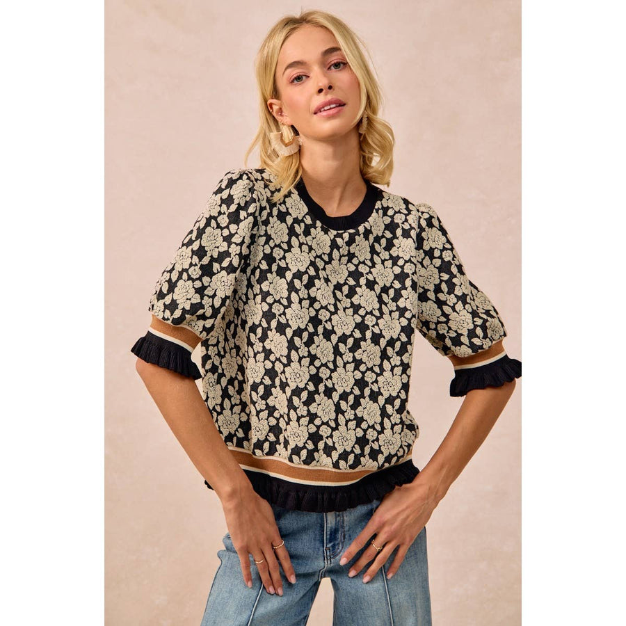 TEXTURED ROSE KNIT TOP CONTRAST BANDED PUFF SLEEVE