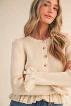 RUFFLE HEM RIBBED KNIT SWEATER