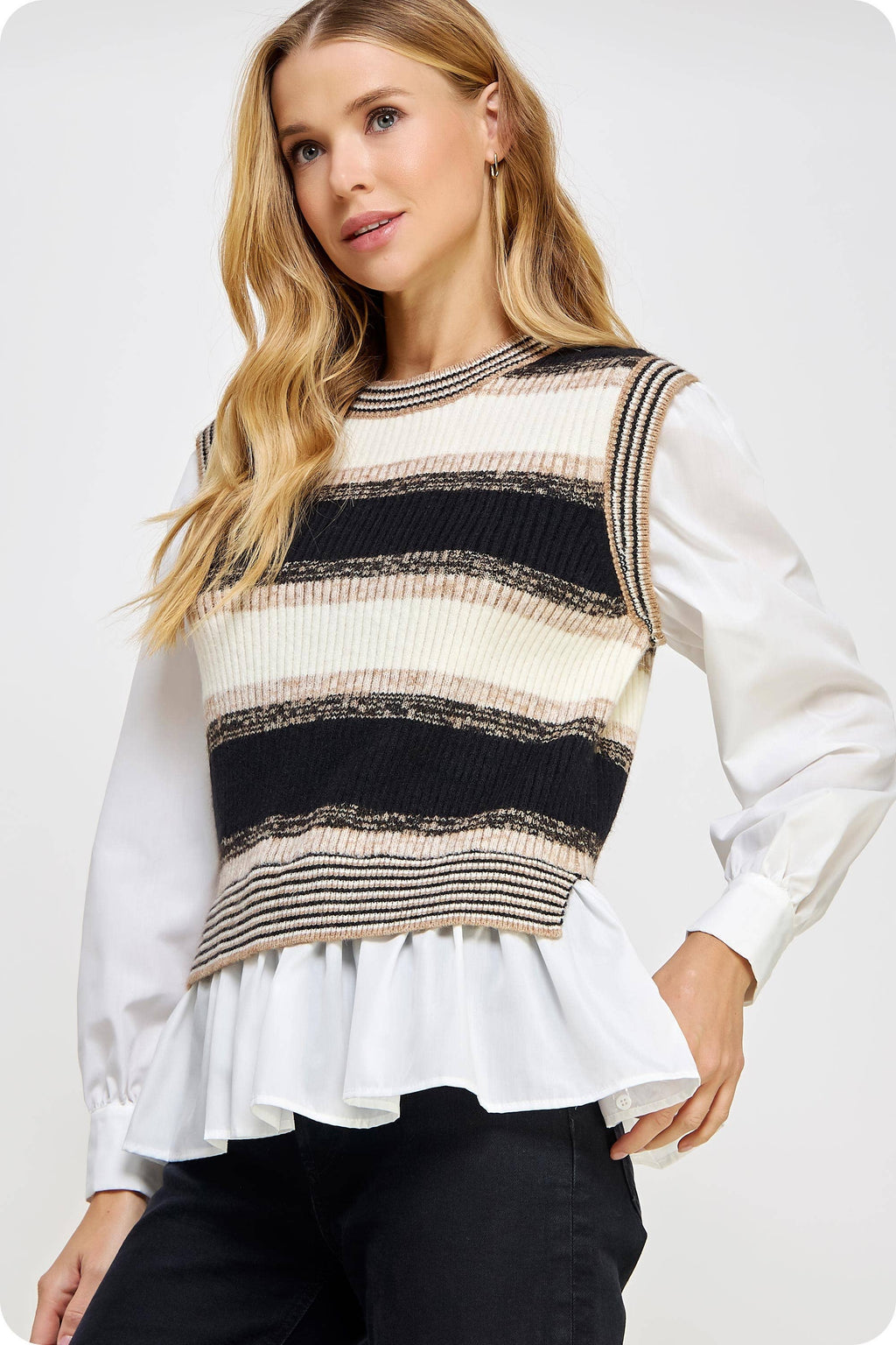Striped Knit Vest with Layered Look