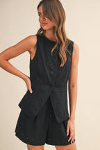 IST6276-A  TWILL EYELET VEST AND PANTS SET/FULLY LINED