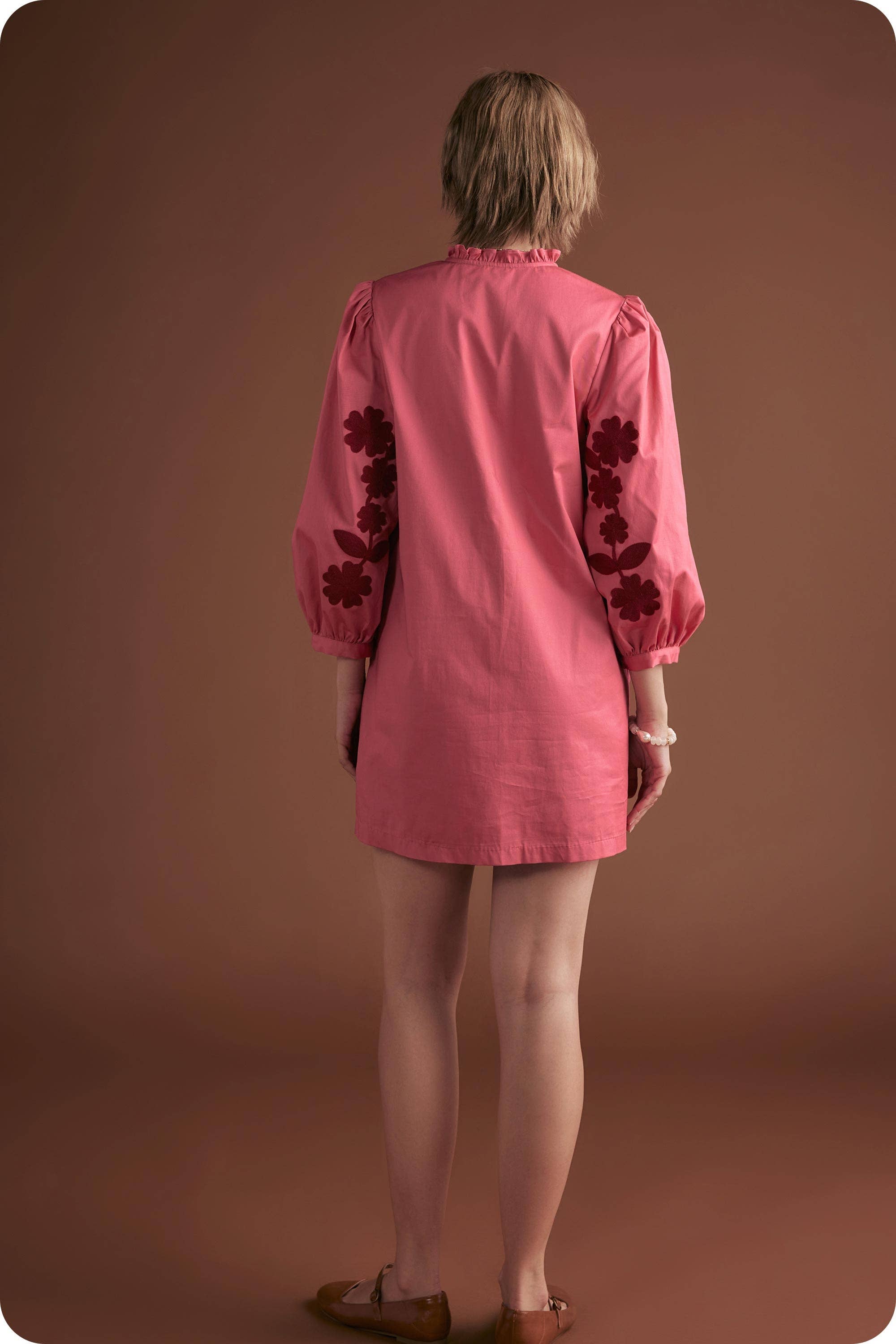 3/4 Sleeve Flower Embroidery Ruffle Neck Mini Dress