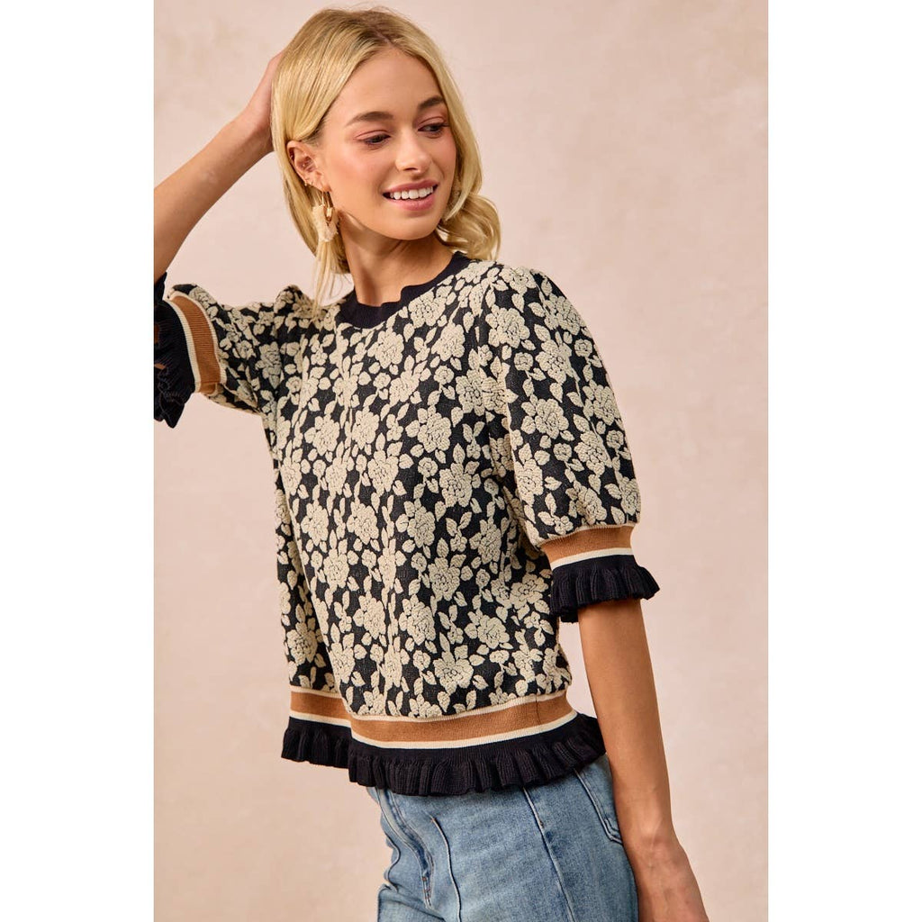 TEXTURED ROSE KNIT TOP CONTRAST BANDED PUFF SLEEVE