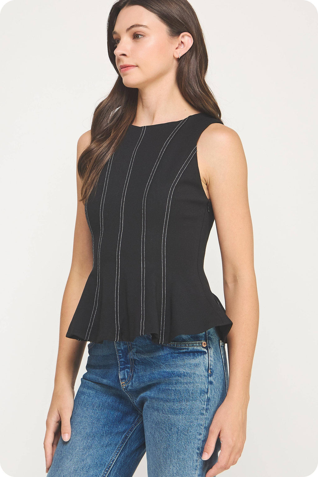 Top-Stitch Peplum Sleeveless Ponte Top
