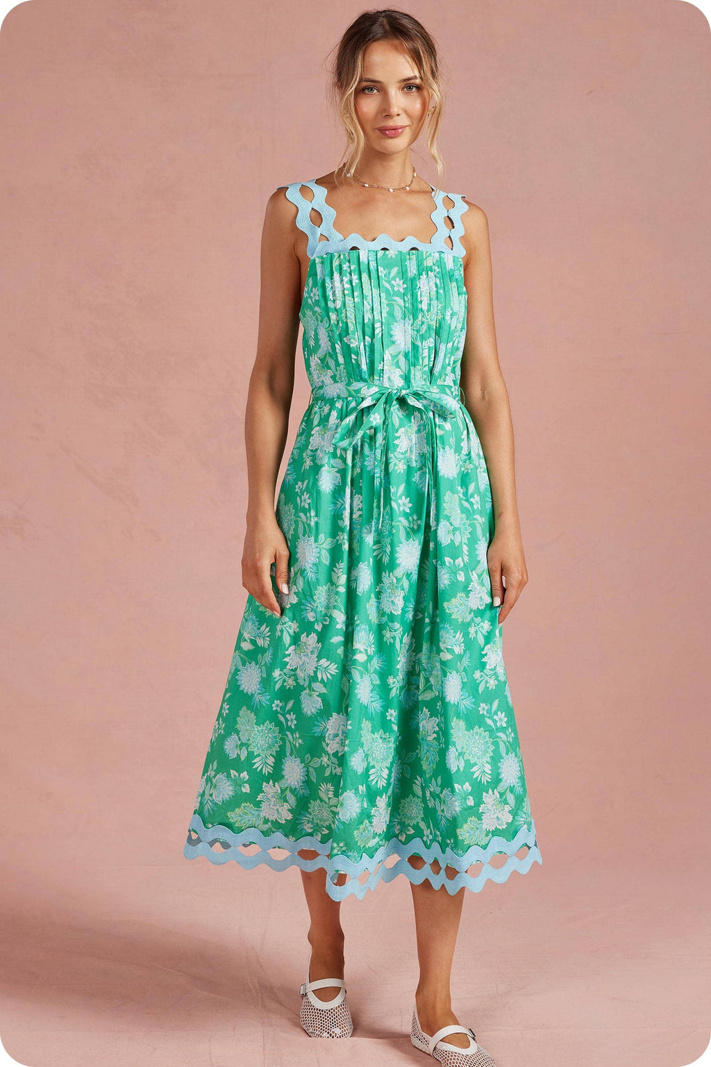 Botanical Garden Ric-Rac Pintuck Midi Dress