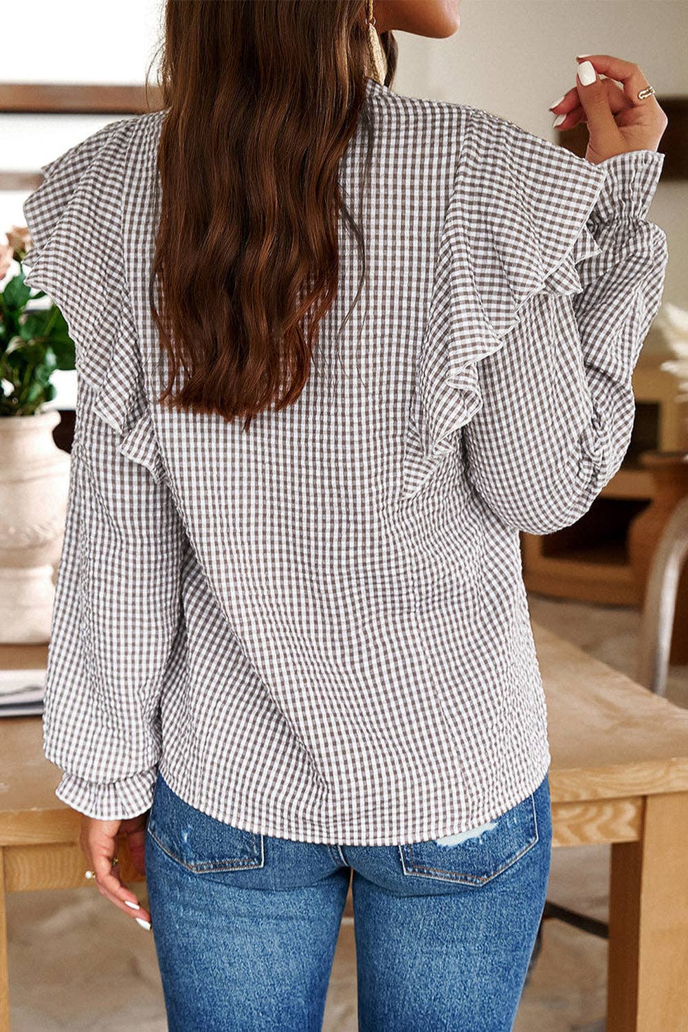 Ruffled Gingham Button-Up Blouse