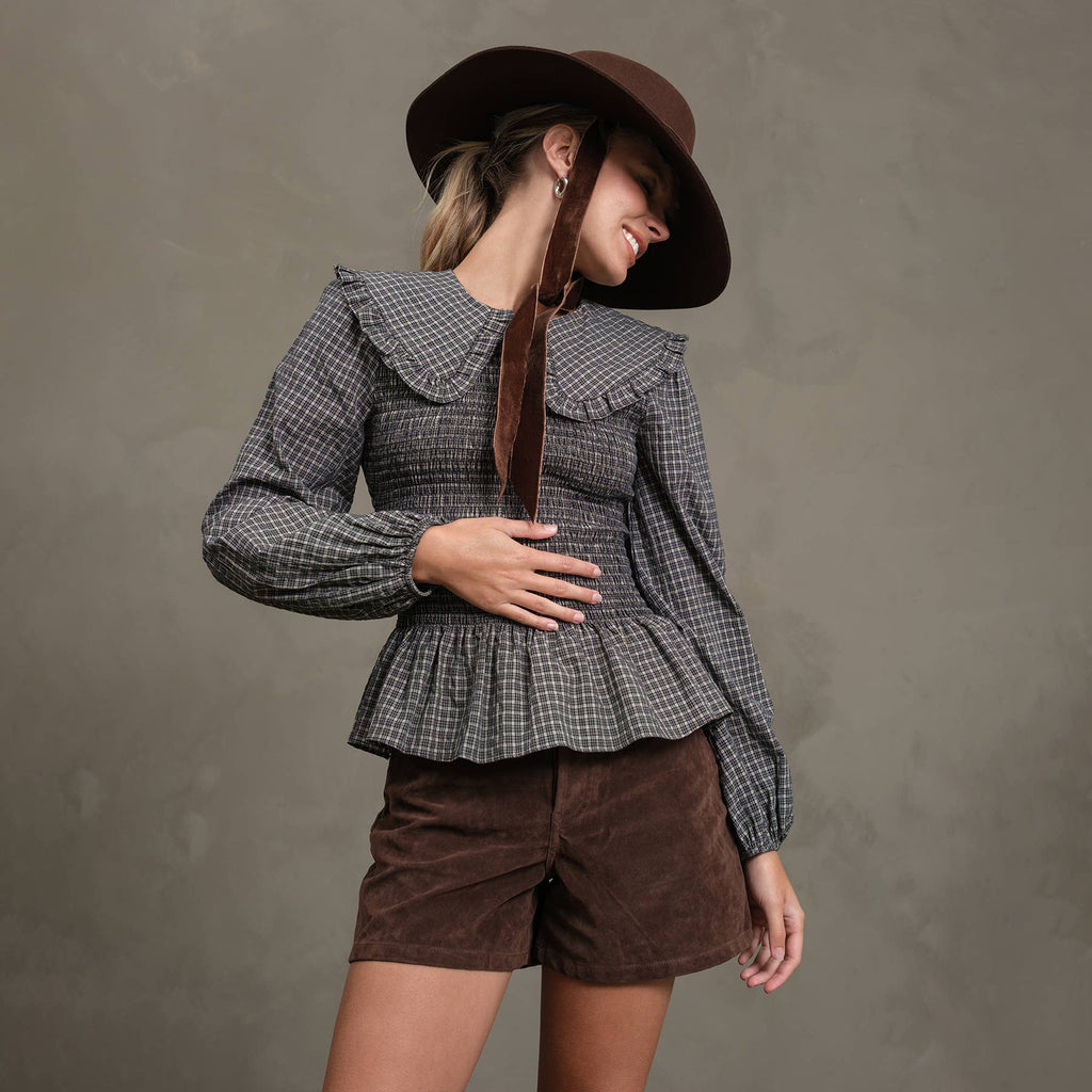 Plaid Smocked Peplum Blouse