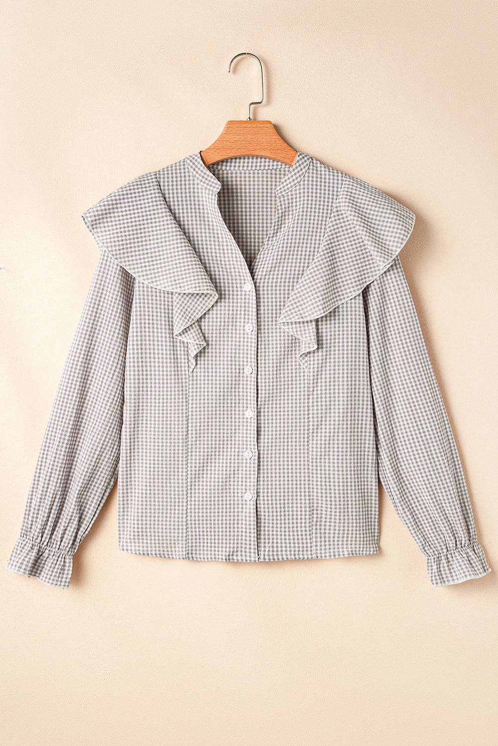 Ruffled Gingham Button-Up Blouse