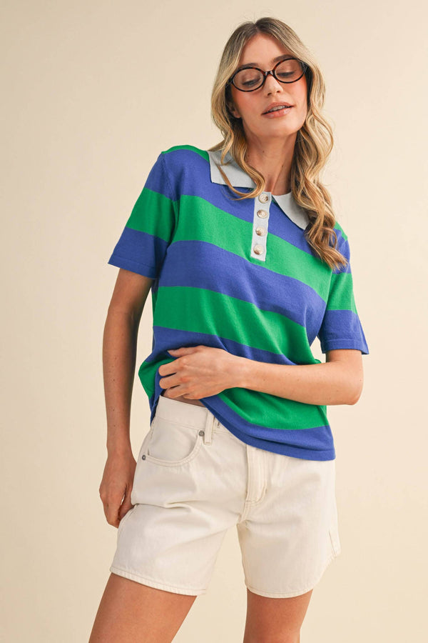 STRIPED SWEATER KNIT SHORT SLEEVE POLO MSW11339