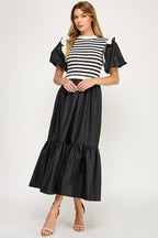 Black & White Stripe Bodice Tiered Midi Dress