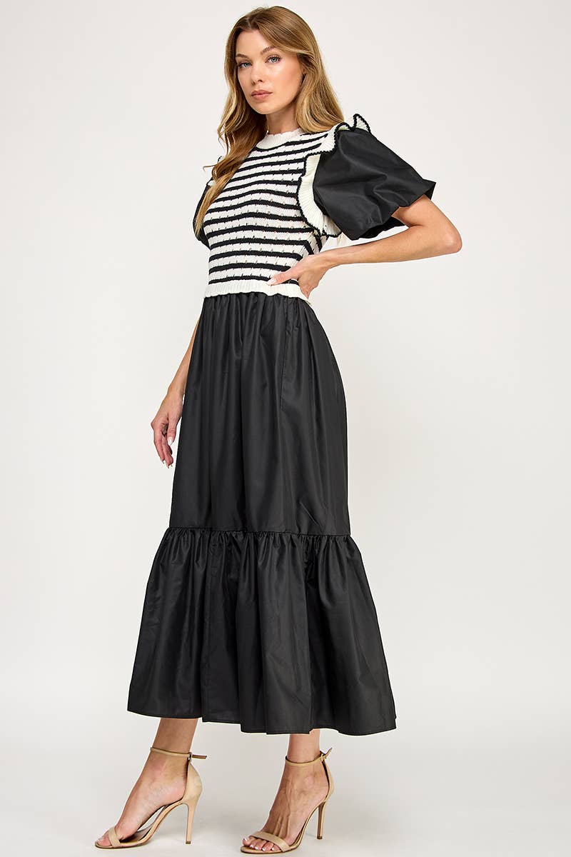 Black & White Stripe Bodice Tiered Midi Dress