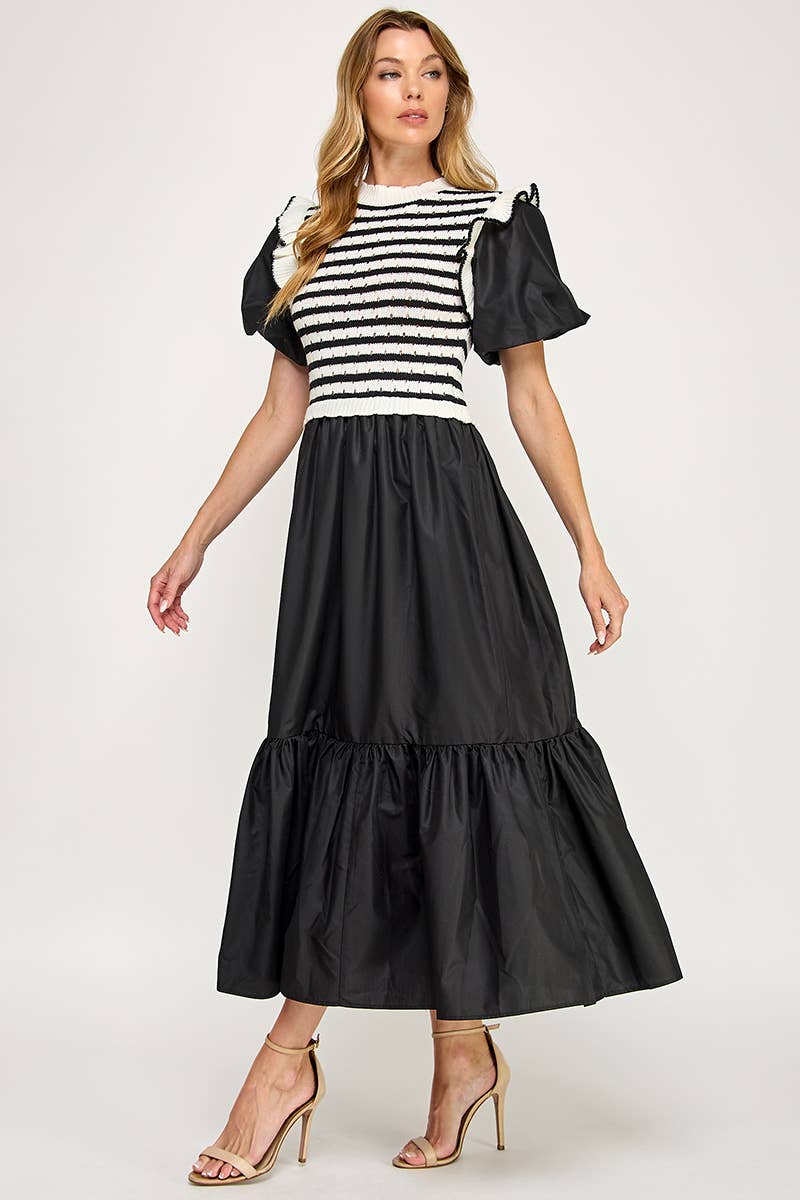 Black & White Stripe Bodice Tiered Midi Dress