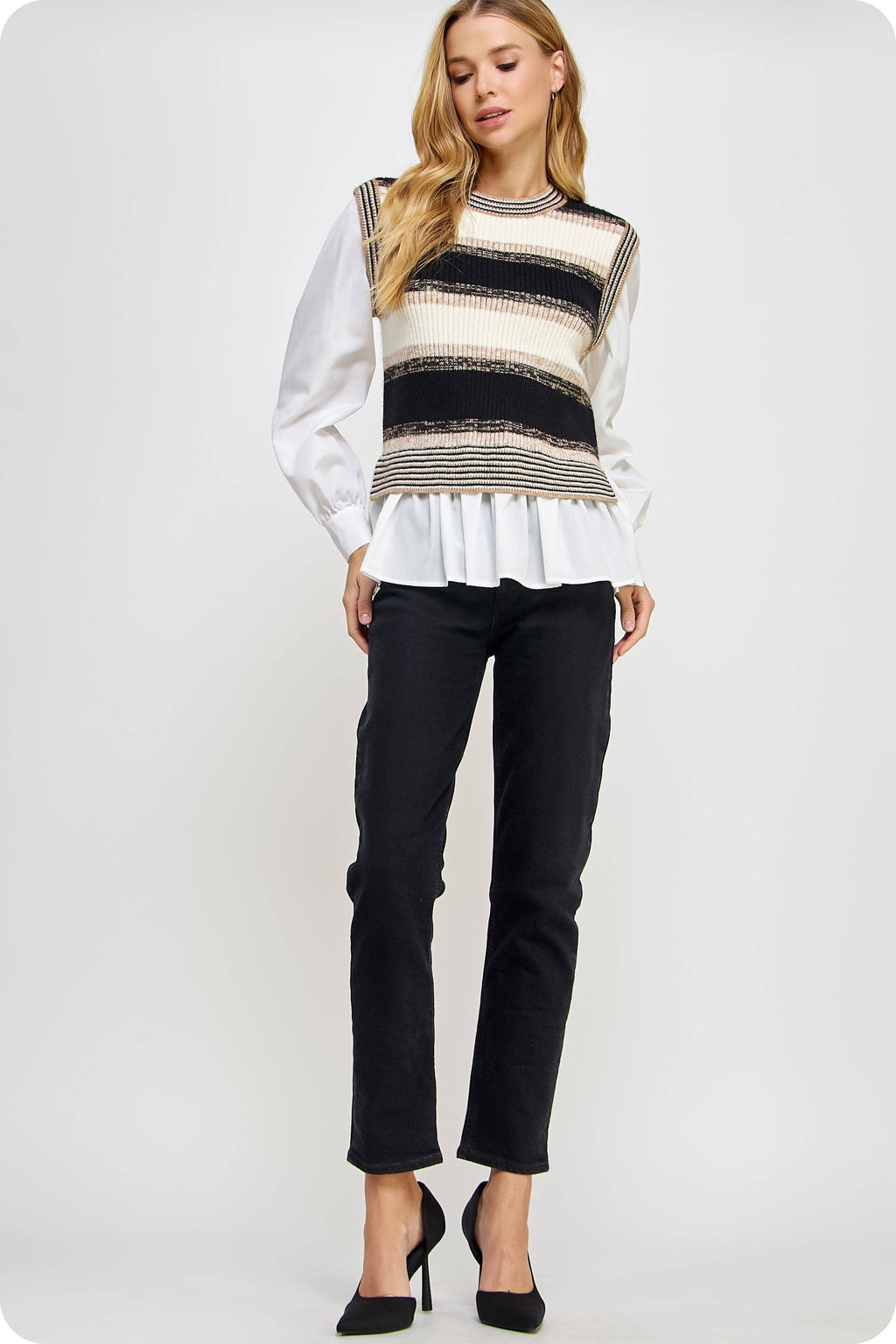 Striped Knit Vest with Layered Look