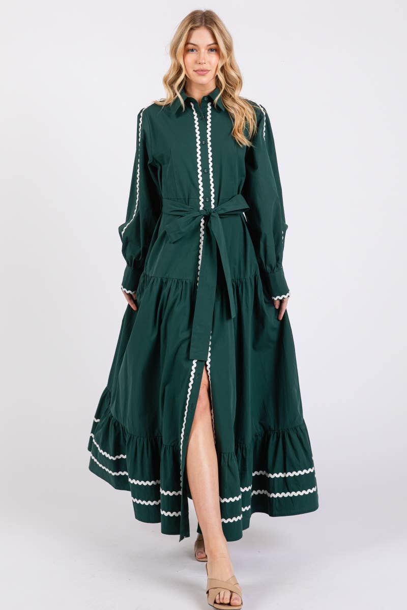 Solid long Sleeve Button-Down Maxi Dress HD2802-H GREEN