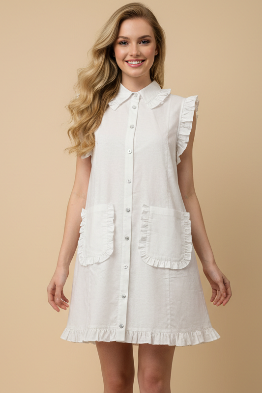 RUFFLED SLEEVELESS SHIRT DRESS