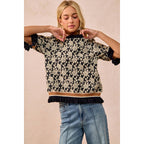 TEXTURED ROSE KNIT TOP CONTRAST BANDED PUFF SLEEVE
