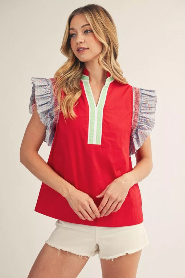 Red Flutter Sleeve Top