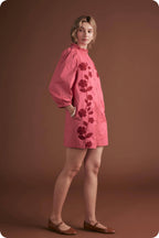 3/4 Sleeve Flower Embroidery Ruffle Neck Mini Dress