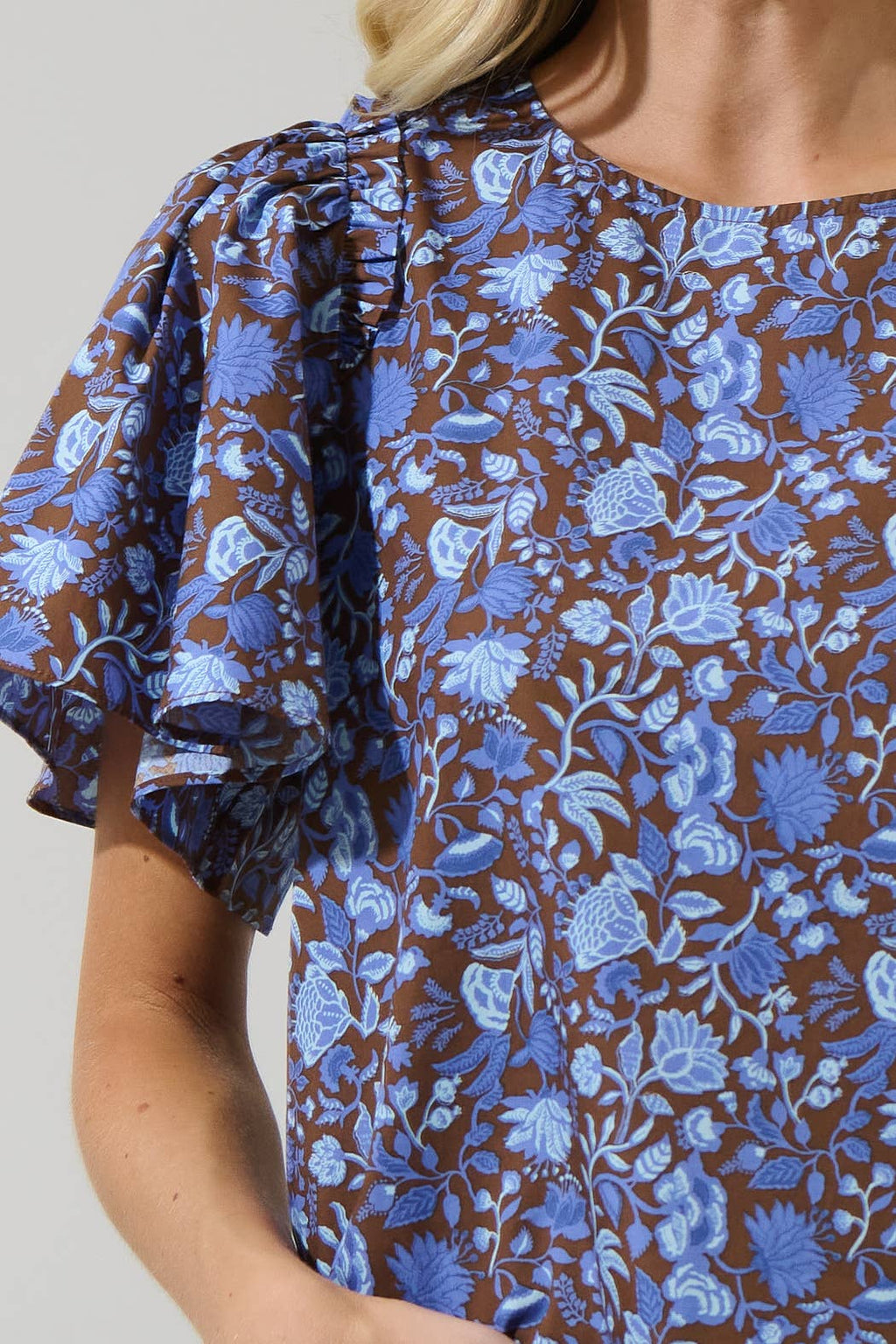 Blue and Brown Floral Flutter Sleeve Top