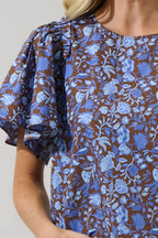Blue and Brown Floral Flutter Sleeve Top