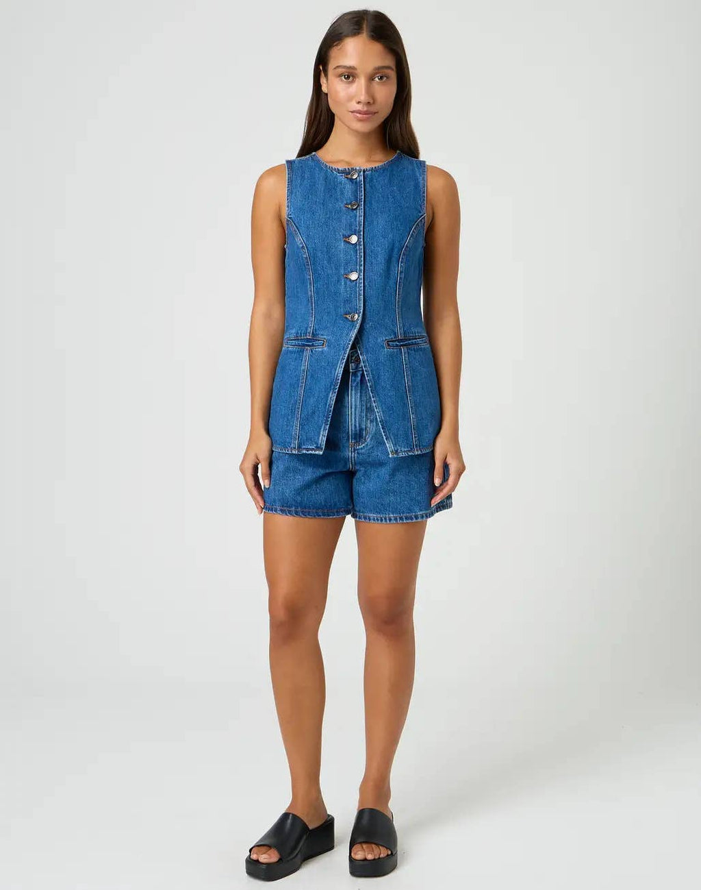 Buttoned Denim Vest and Shorts Set