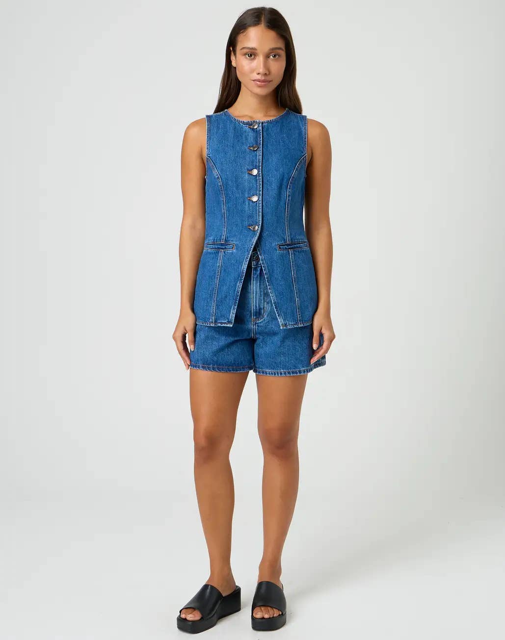 Buttoned Denim Vest and Shorts Set
