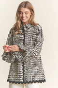 Stripe Pattern Wave Trimmed Balloon Sleeve Top