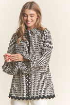 Stripe Pattern Wave Trimmed Balloon Sleeve Top