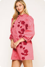3/4 Sleeve Flower Embroidery Ruffle Neck Mini Dress