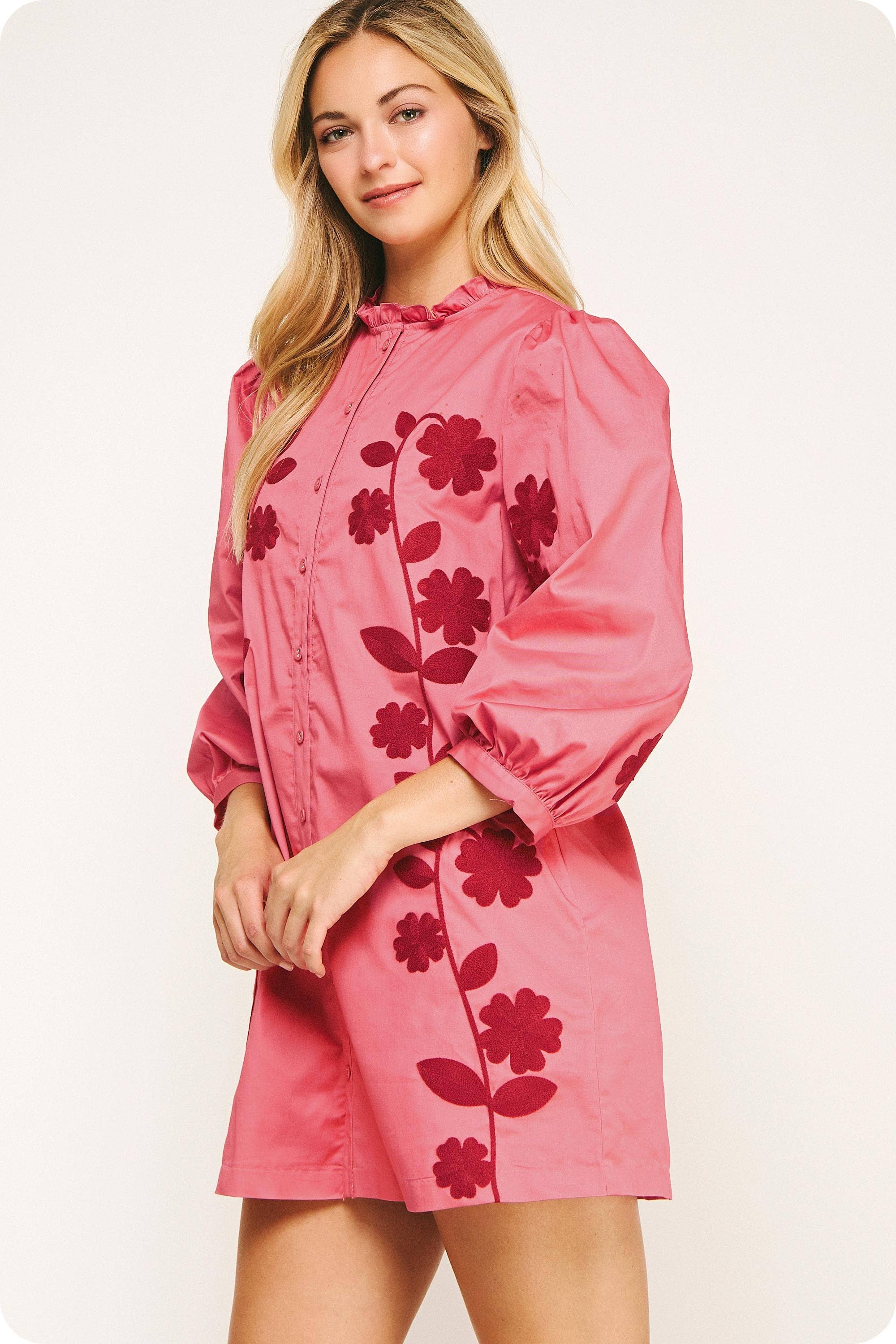 3/4 Sleeve Flower Embroidery Ruffle Neck Mini Dress