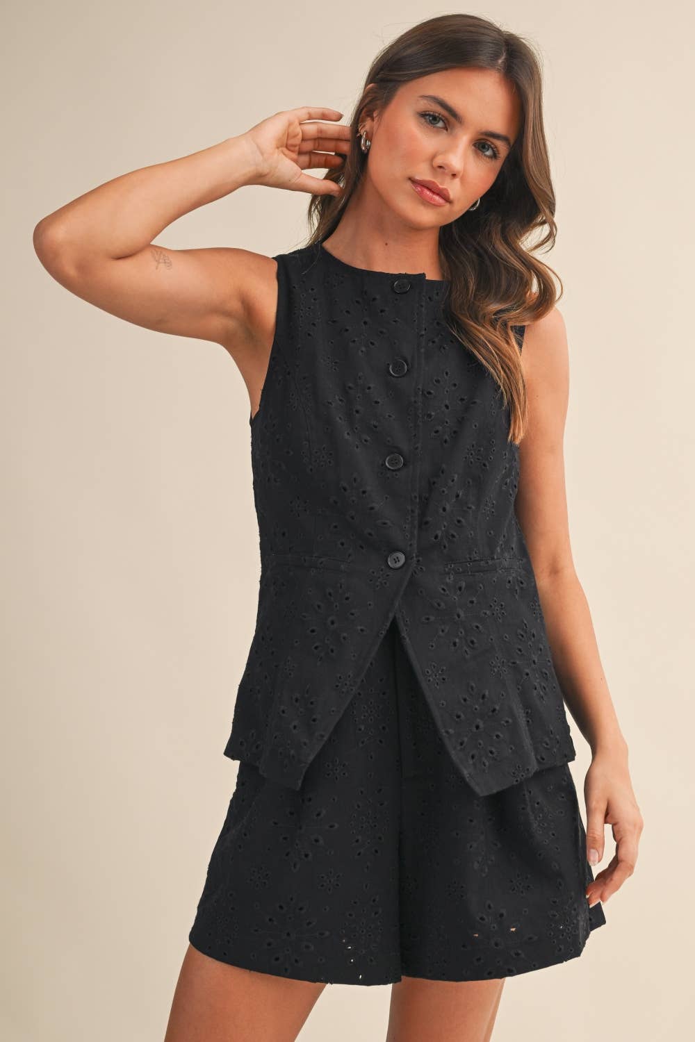 IST6276-A  TWILL EYELET VEST AND PANTS SET/FULLY LINED