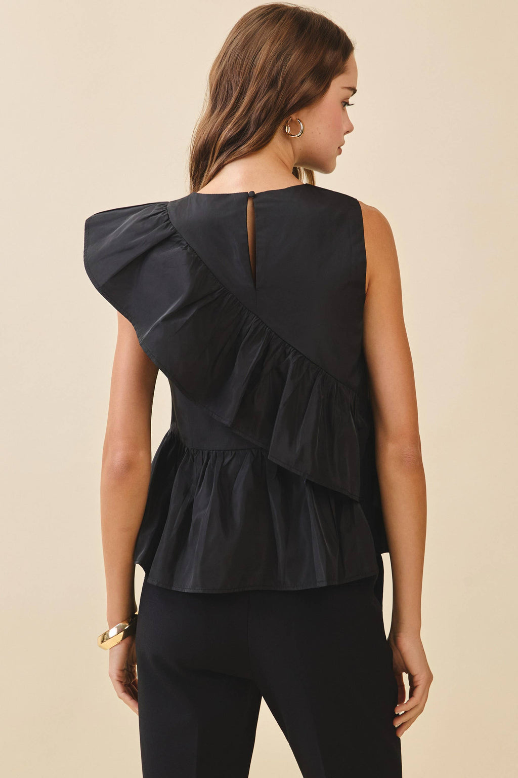 CT9581-Cascading Ruffle Panels Drape Detail Peplum Top