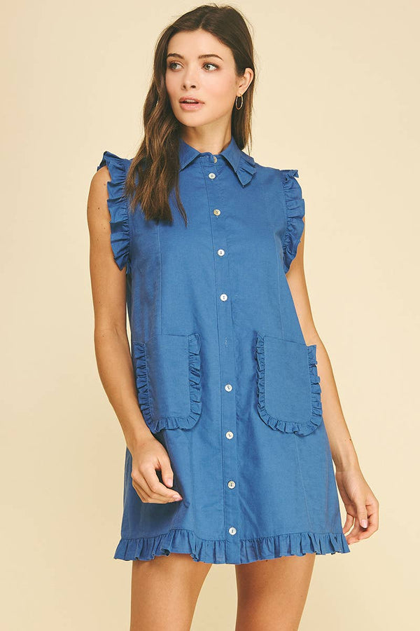 RUFFLED SLEEVELESS SHIRT DRESS