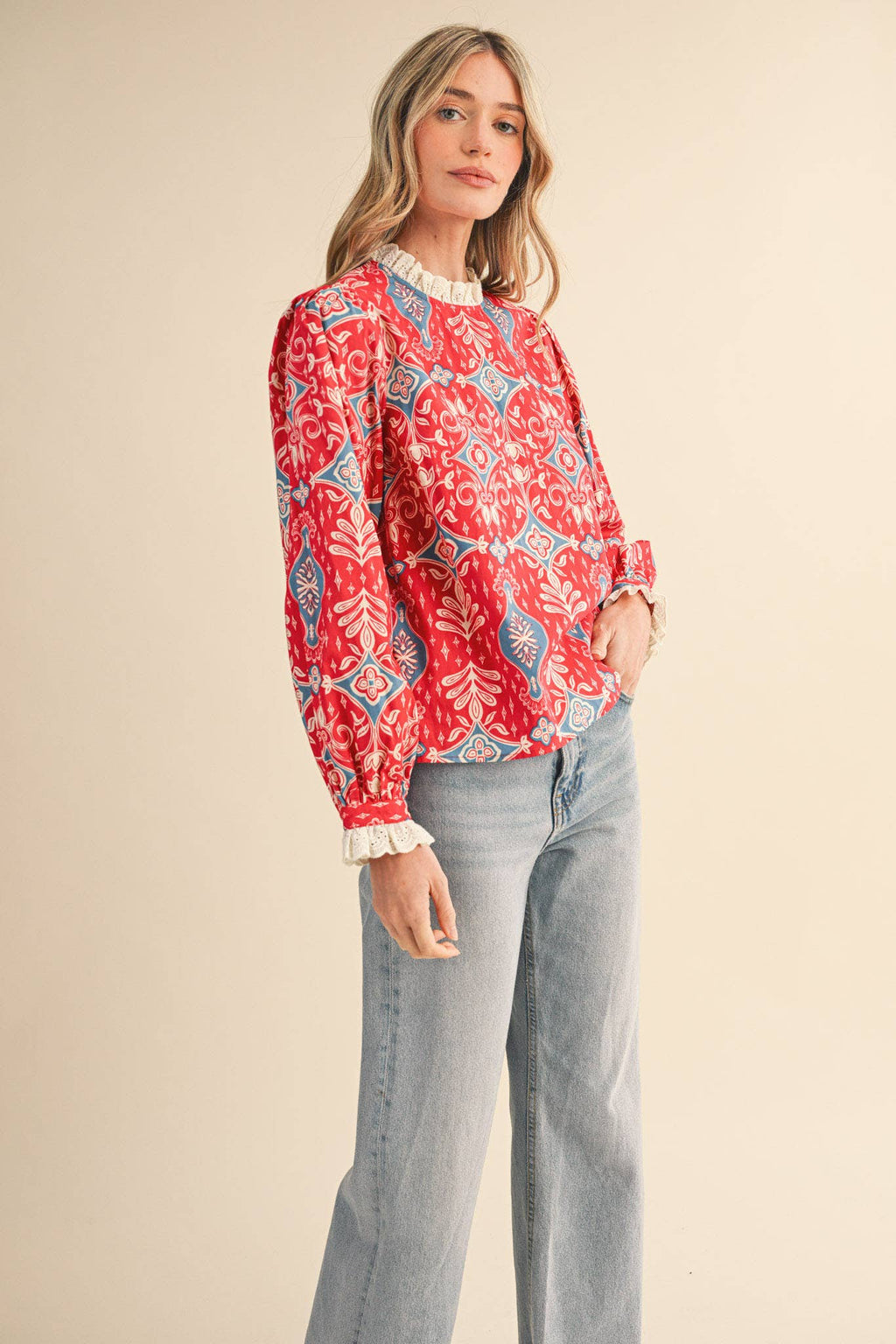 RUFFLE LACE TRIM MOCK NECK TOP MTP4294