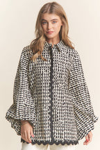 Stripe Pattern Wave Trimmed Balloon Sleeve Top