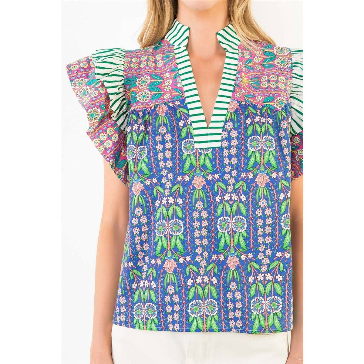 Flutter Sleeve Floral Pattern V-Neck Top