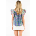 Flutter Sleeve Floral Pattern V-Neck Top