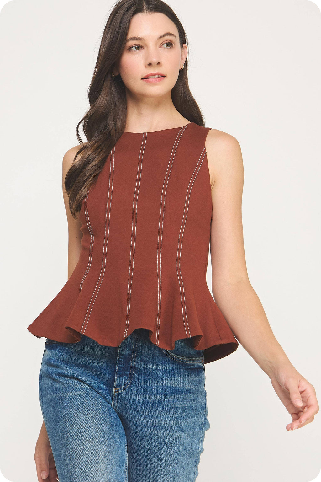 Top-Stitch Peplum Sleeveless Ponte Top