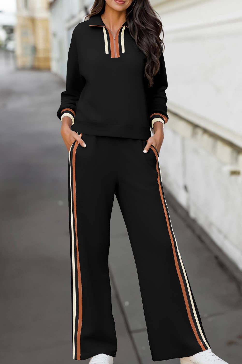 Striped Trim Zip Collared Pullover & Pants Set