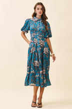 Floral Print Collared Neck Button Front Dress
